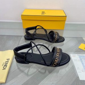 Fendi 8X8094 FF Interlace Leather Sandals Flats Shoes Black - luxibagsmall