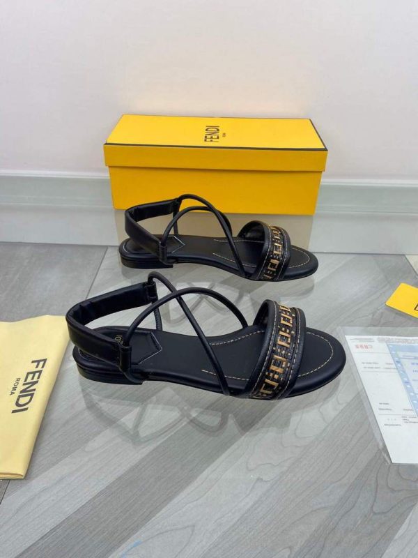 Fendi 8X8094 FF Interlace Leather Sandals Flats Shoes Black - luxibagsmall