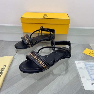 Fendi 8X8094 FF Interlace Leather Sandals Flats Shoes Black - luxibagsmall