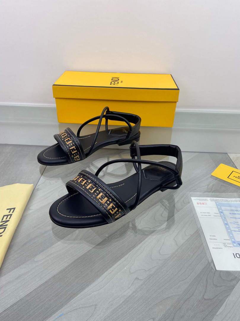 Fendi 8X8094 FF Interlace Leather Sandals Flats Shoes Black - luxibagsmall