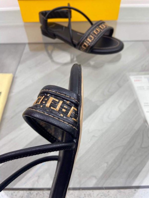 Fendi 8X8094 FF Interlace Leather Sandals Flats Shoes Black - luxibagsmall