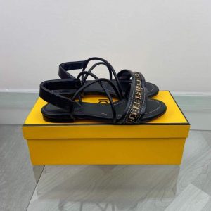 Fendi 8X8094 FF Interlace Leather Sandals Flats Shoes Black - luxibagsmall