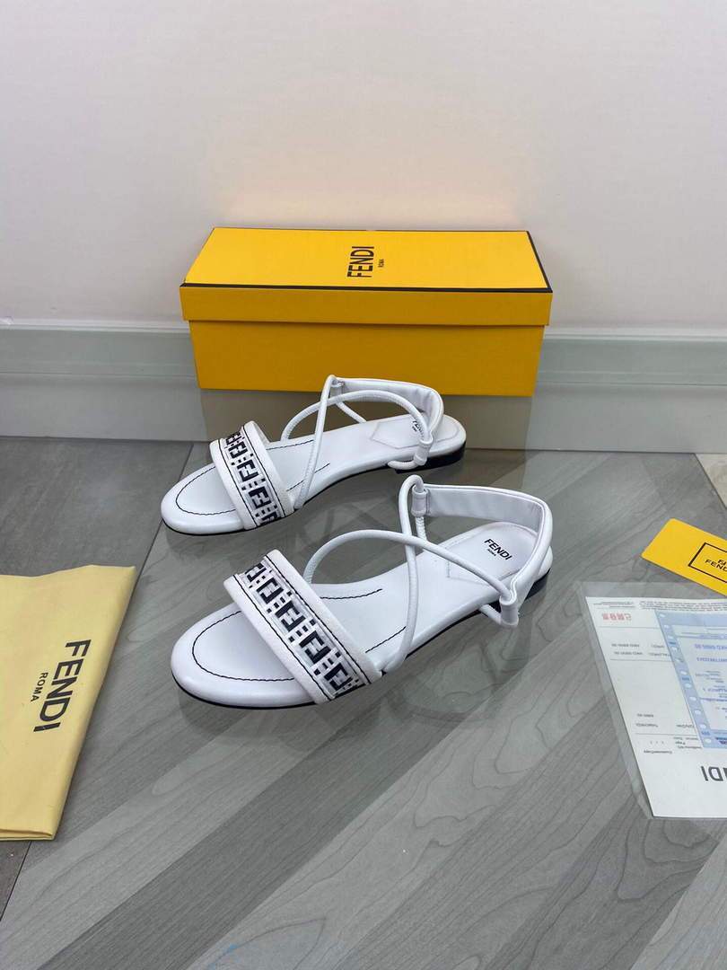 Fendi 8X8094 FF Interlace Leather Sandals Flats Shoes White - luxibagsmall