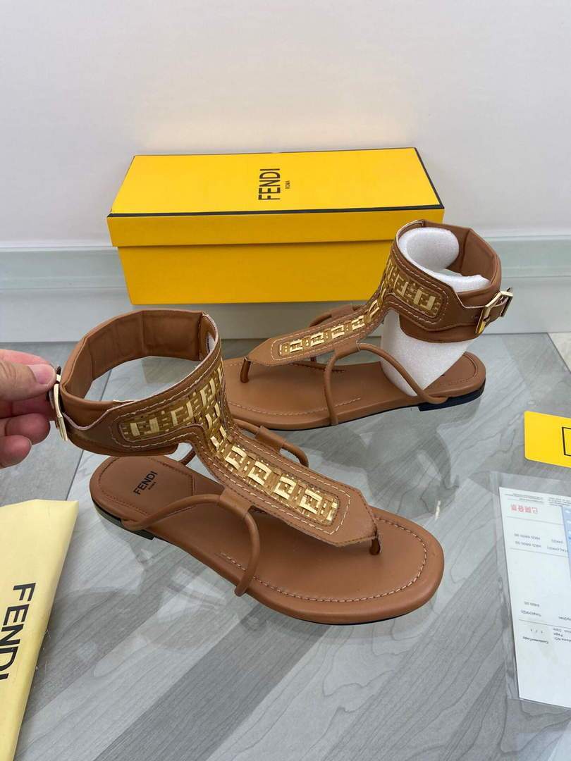 Fendi 8Y8095 FF Interlace Leather Thong Sandals Brown - luxibagsmall