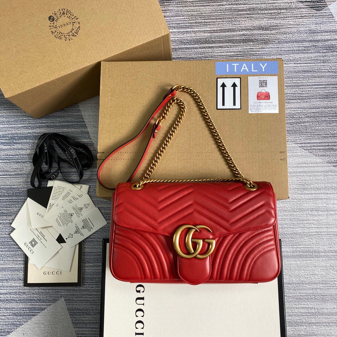 Gucci 443496 GG Marmont Medium Matelassé Shoulder Bag Red - luxibagsmall