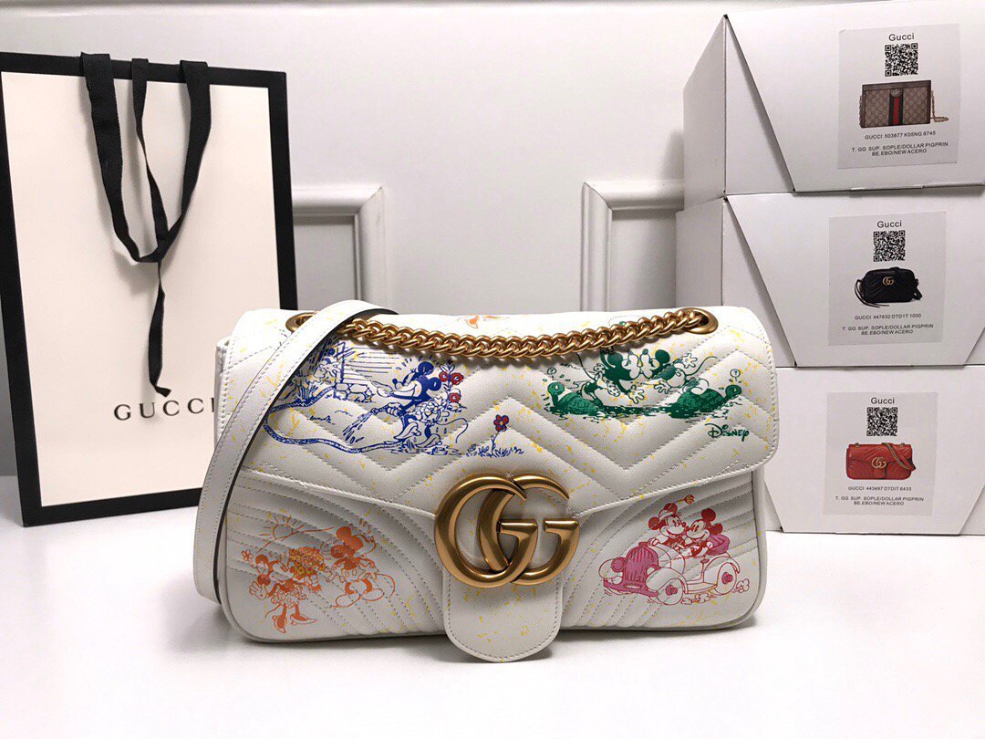 Gucci 443496 GG Marmont Medium Matelassé Shoulder Bag White and printer - luxibagsmall