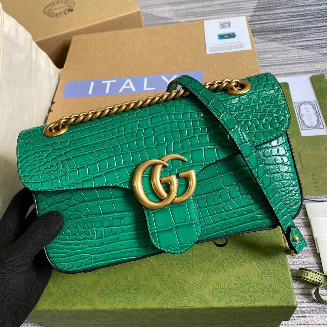 Gucci 443497 GG Marmont Small Crocodile Pattern Matelassé Shoulder Bag Green - luxibagsmall