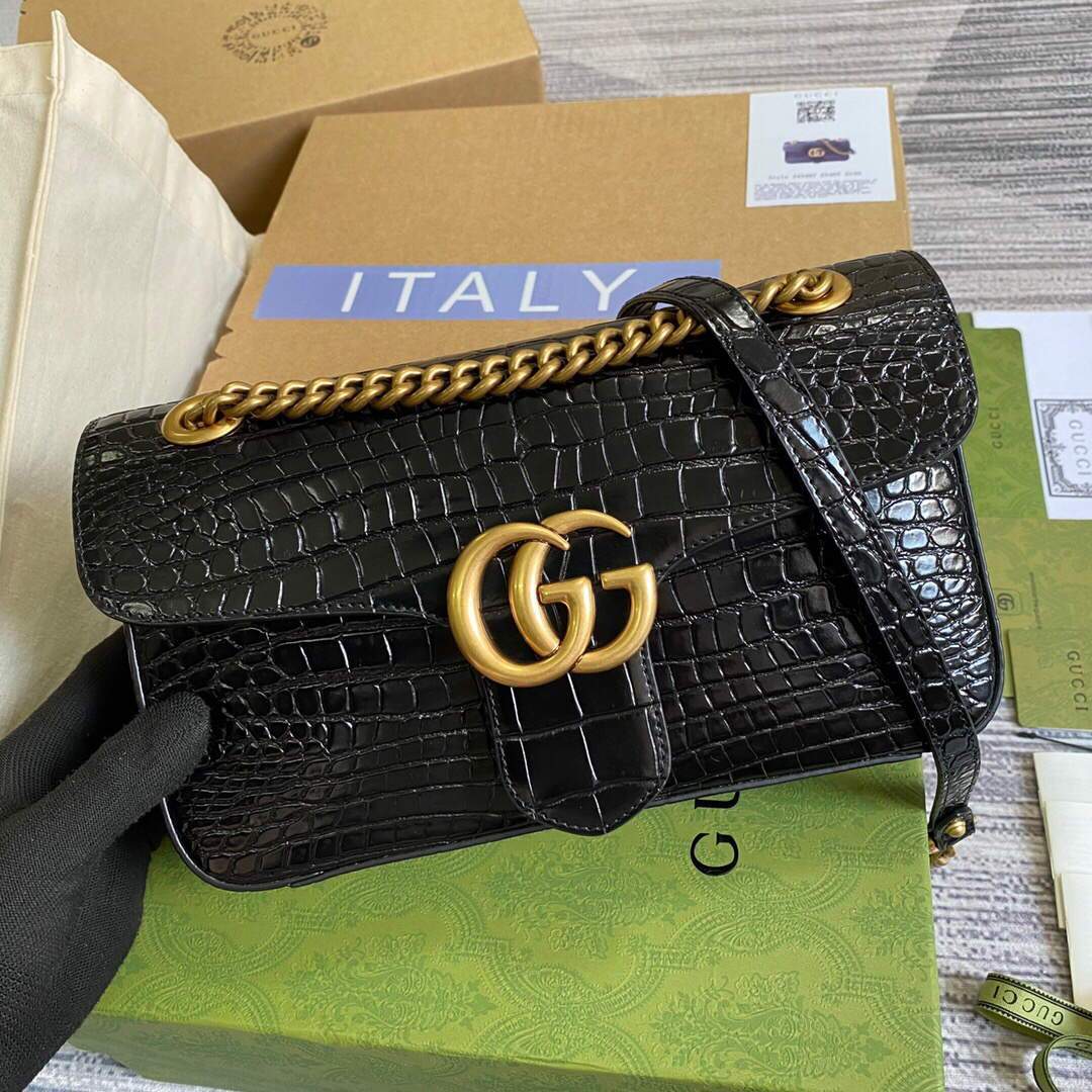 Gucci 443497 GG Marmont Small Crocodile Pattern Matelassé Shoulder Bag Black - luxibagsmall