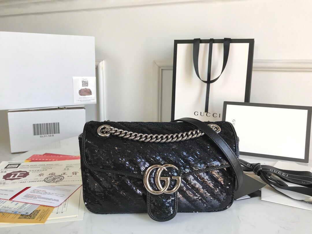 Gucci 443497 GG Marmont Small Shoulder Sequin Bag Black - luxibagsmall