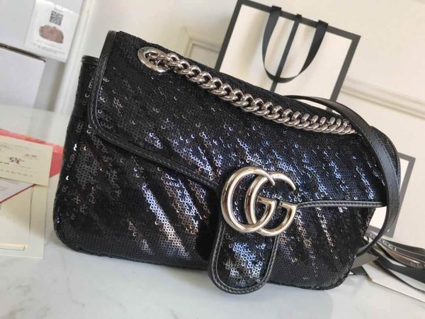 Gucci 443497 GG Marmont Small Shoulder Sequin Bag Black - luxibagsmall