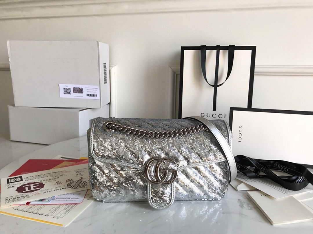 Gucci 443497 GG Marmont Small Shoulder Sequin Bag Silver - luxibagsmall