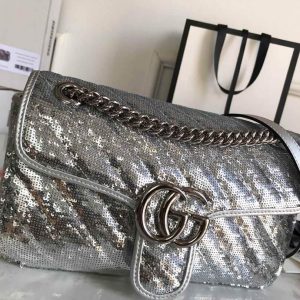 Gucci 443497 GG Marmont Small Shoulder Sequin Bag Silver - luxibagsmall