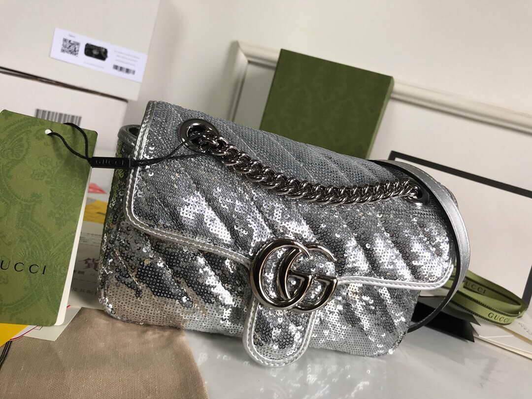 Gucci 446744 GG Marmont Mini Shoulder Sequin Bag Silver - luxibagsmall