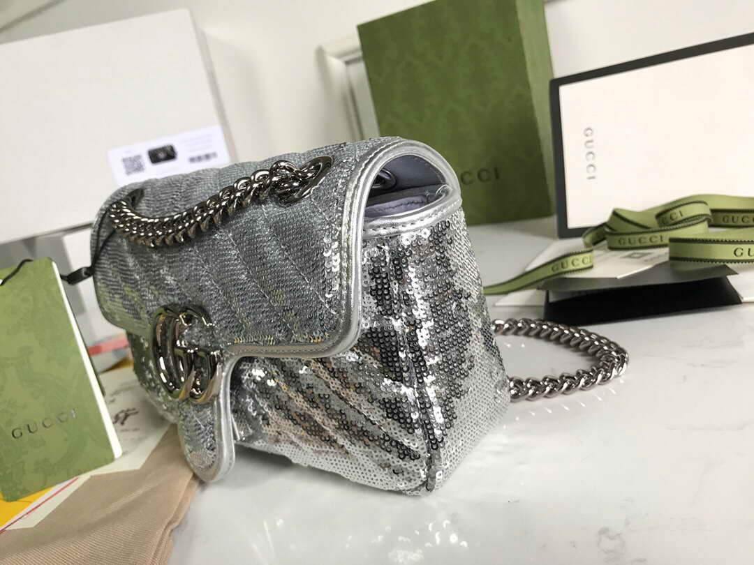 Gucci 446744 GG Marmont Mini Shoulder Sequin Bag Silver - luxibagsmall