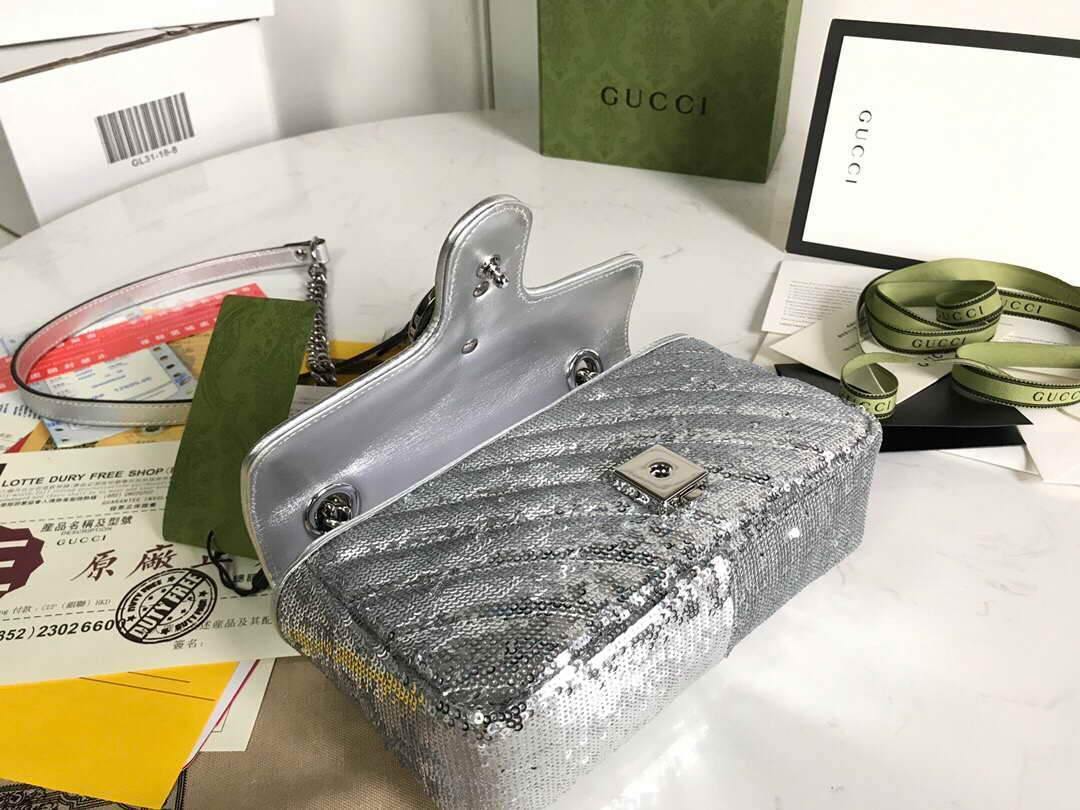 Gucci 446744 GG Marmont Mini Shoulder Sequin Bag Silver - luxibagsmall