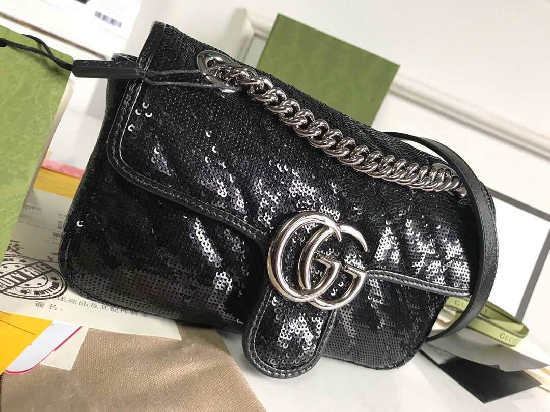 Gucci 446744 GG Marmont Mini Shoulder Sequin Bag Black - luxibagsmall