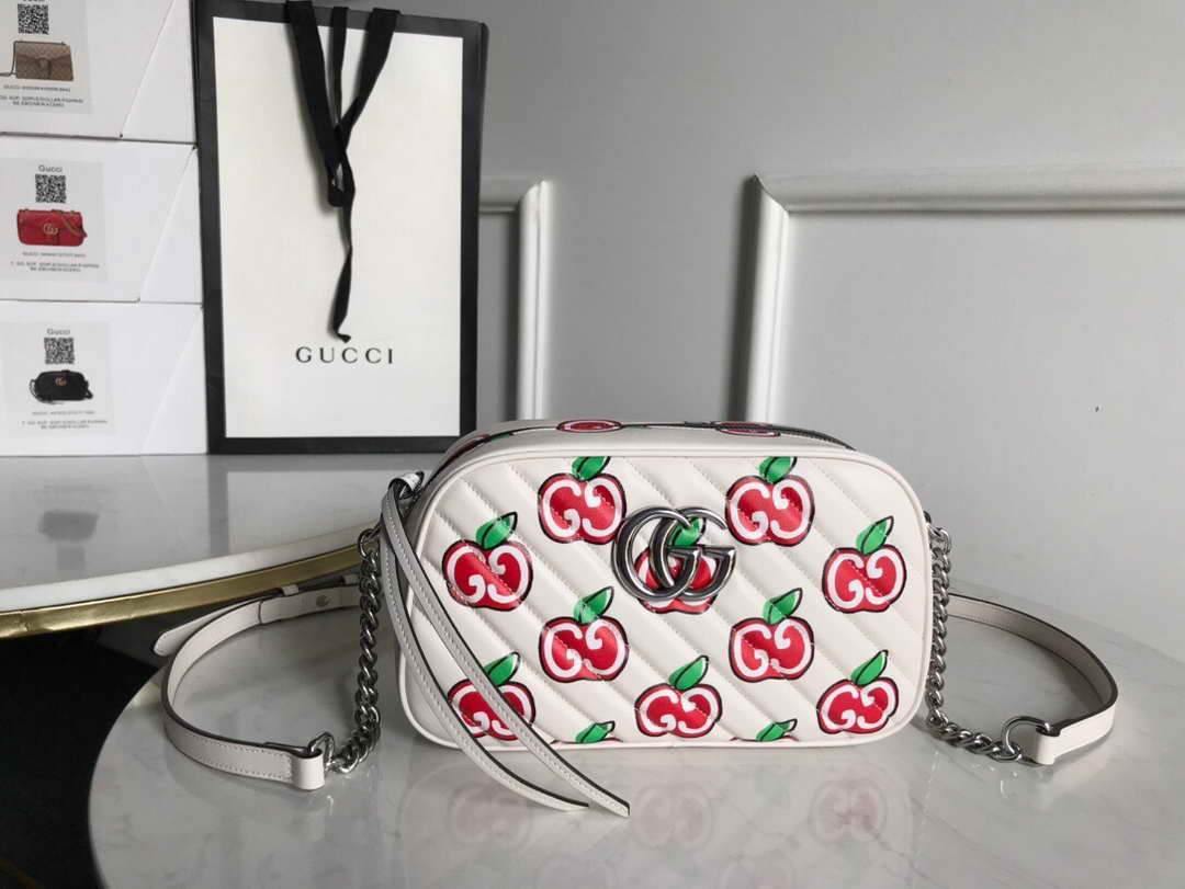 Gucci 447632 GG Marmont Mini Shoulder Bag White and Red - luxibagsmall