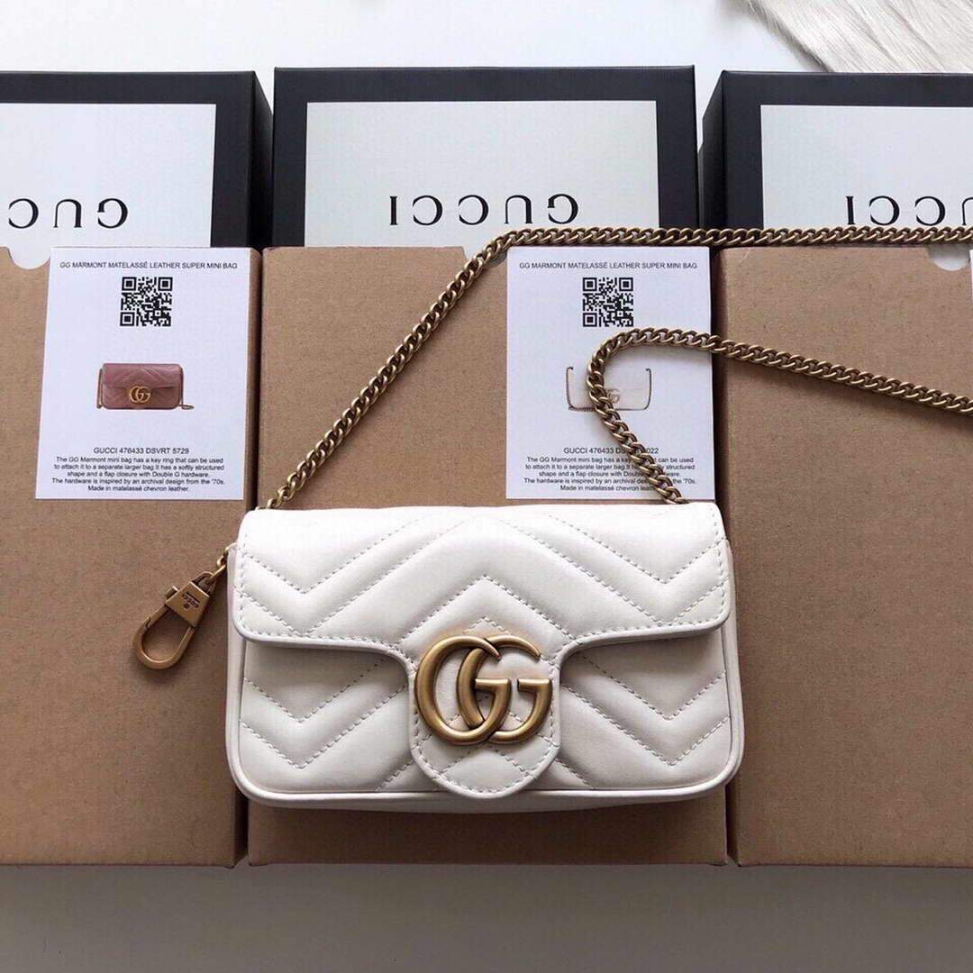 Gucci 476433 GG Marmont Matelassé Leather Super Mini Bag White - luxibagsmall