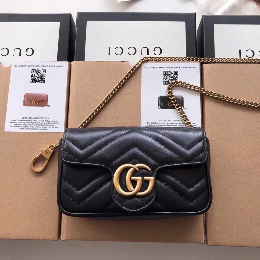 Gucci 476433 GG Marmont Matelassé Leather Super Mini Bag Black - luxibagsmall