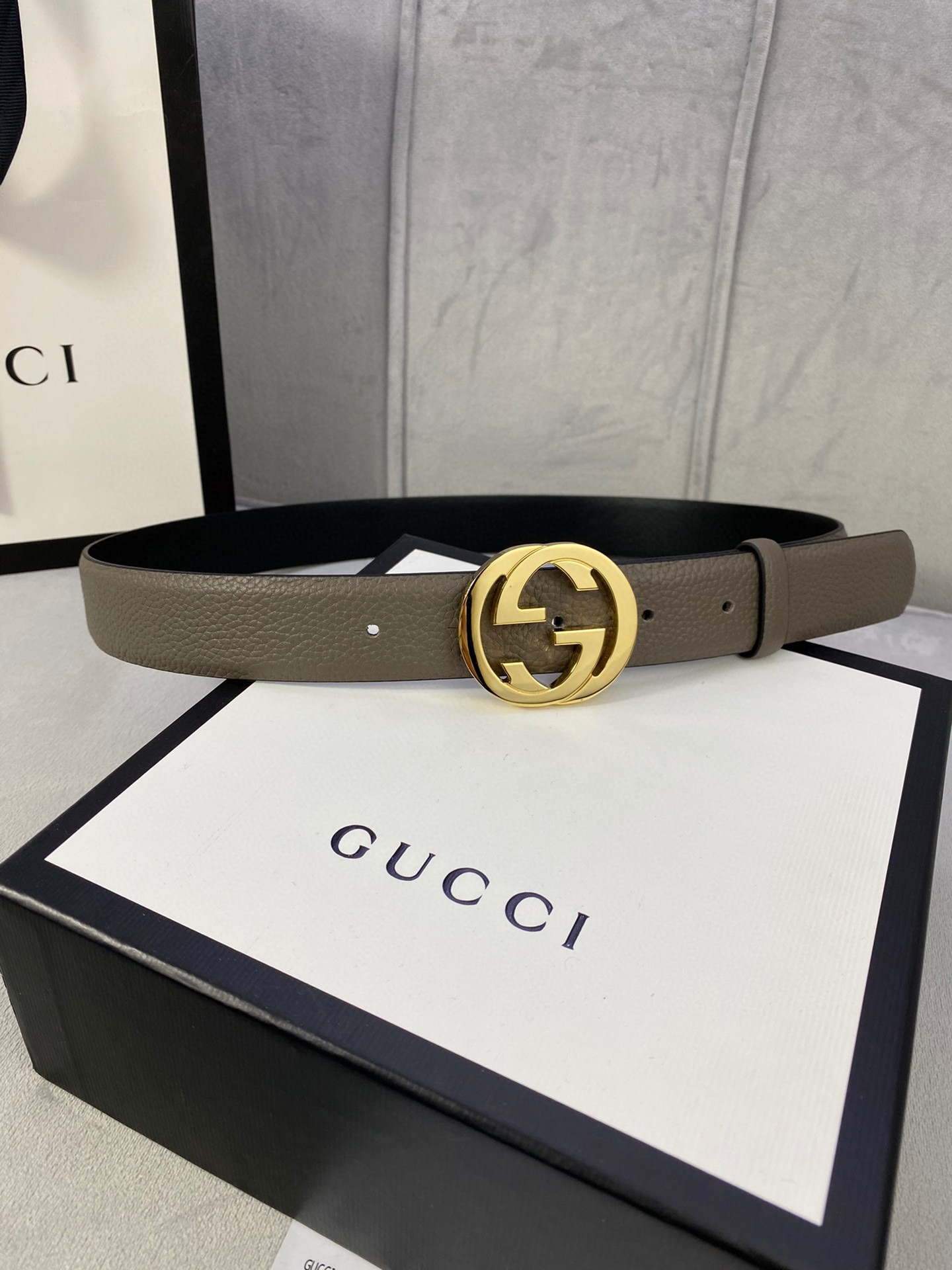 Gucci Women Men's Leather Belt with Double G Buckle 30MM 19015 Gray - luxibagsmall