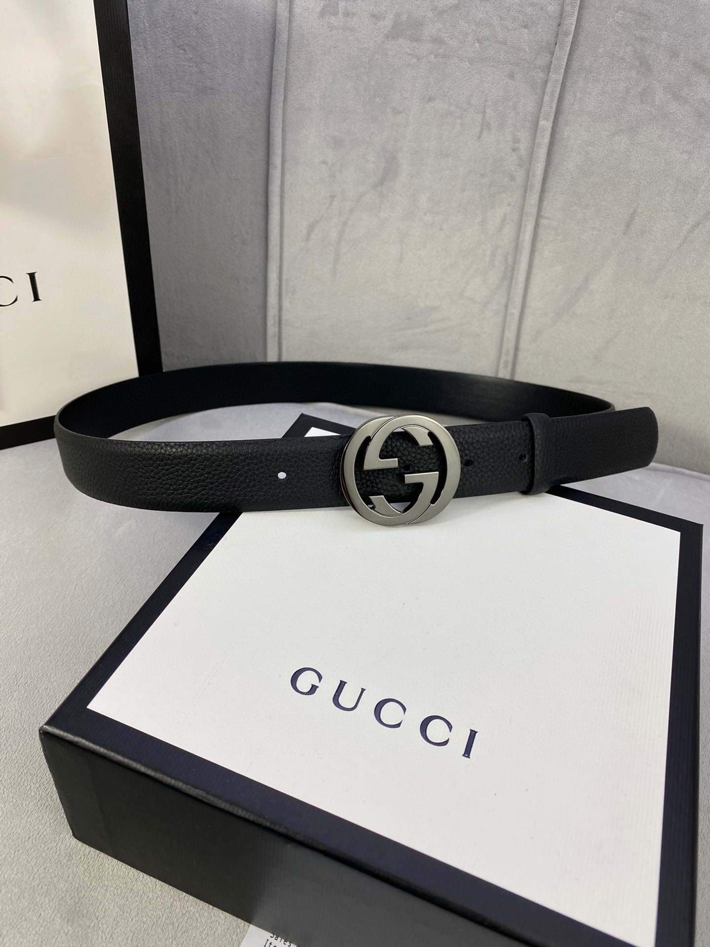 Gucci Women Men's Leather Belt with Double G Buckle 30MM 19017 Black - luxibagsmall