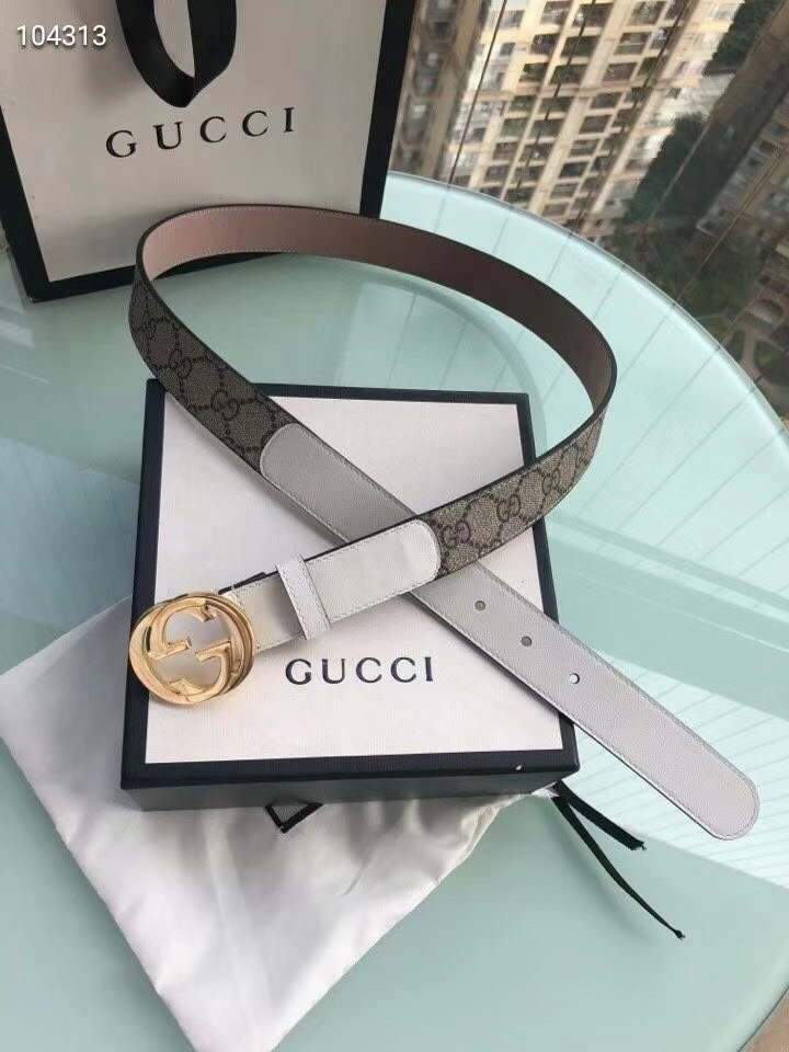 Gucci Women Men's Leather Belt with Double G Buckle 30MM 19018 GG Monogram - luxibagsmall