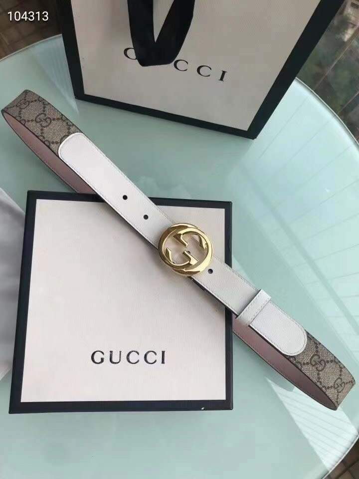 Gucci Women Men's Leather Belt with Double G Buckle 30MM 19018 GG Monogram - luxibagsmall