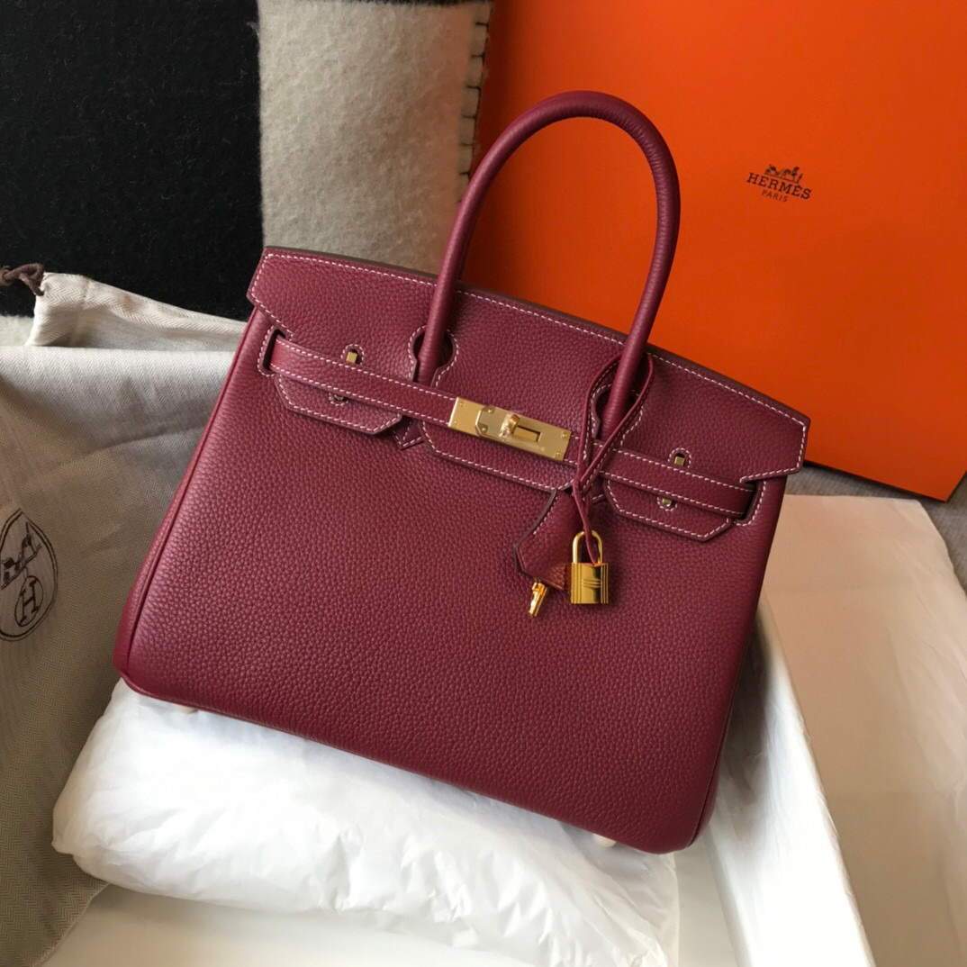 Hermes Birkin Designer Tote Bag Togo Leather 28343 Wine Red - luxibagsmall