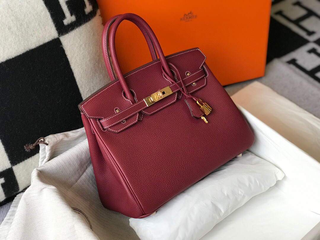 Hermes Birkin Designer Tote Bag Togo Leather 28343 Wine Red - luxibagsmall