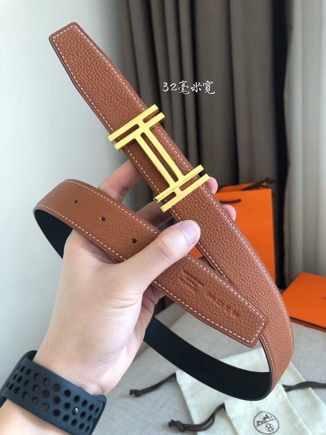 Hermes Women's Leather H Buckle Belt 32MM 19053 Tan - luxibagsmall