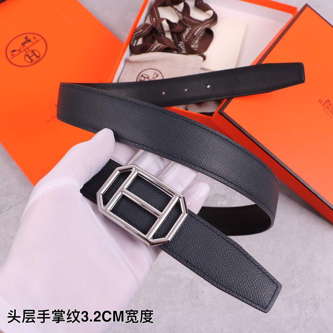 Hermes Women's Leather H Buckle Belt 32MM 19031 Black - luxibagsmall