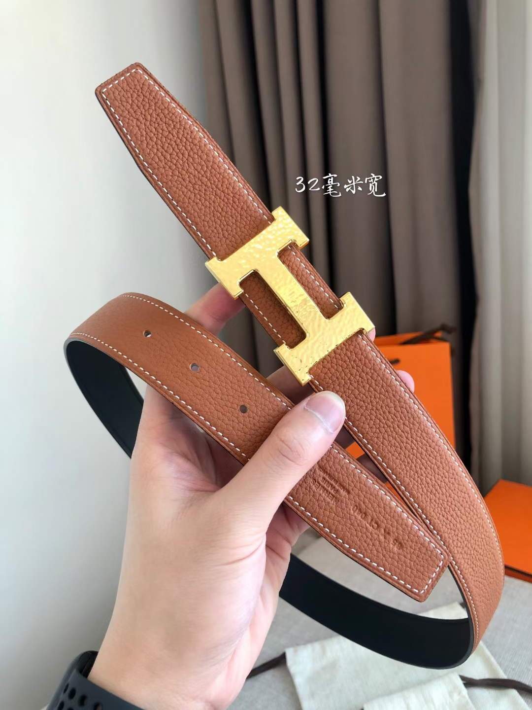 Hermes Women's Leather H Buckle Belt 32MM 19044 Tan - luxibagsmall