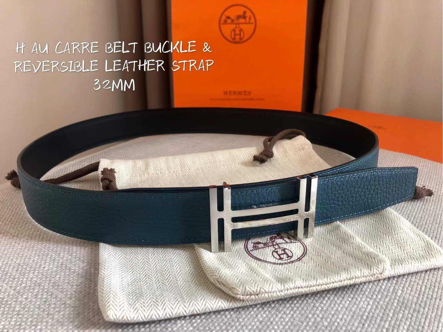 Hermes Women's Leather H Buckle Belt 32MM 19050 Navy Blue - luxibagsmall