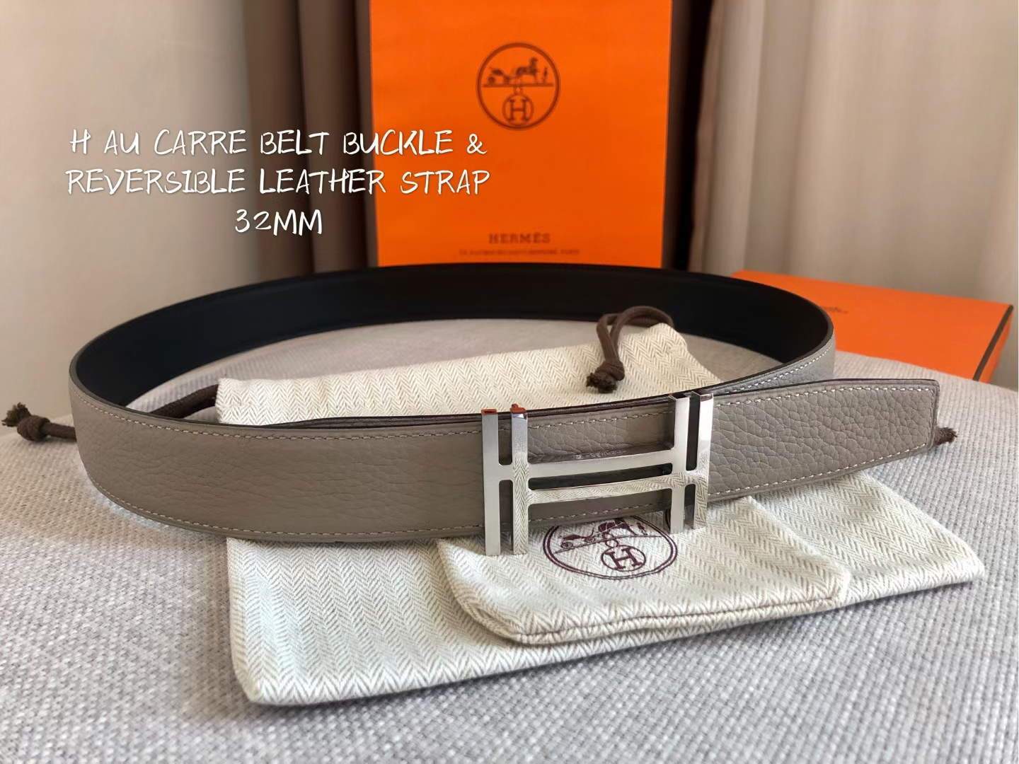 Hermes Women's Leather H Buckle Belt 32MM 19051 Gray - luxibagsmall