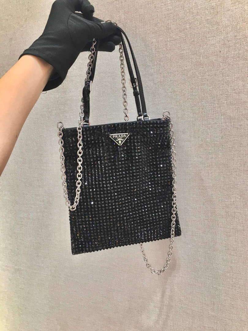 Prada 1N6608 Rhinestone chain Handbag Black - luxibagsmall