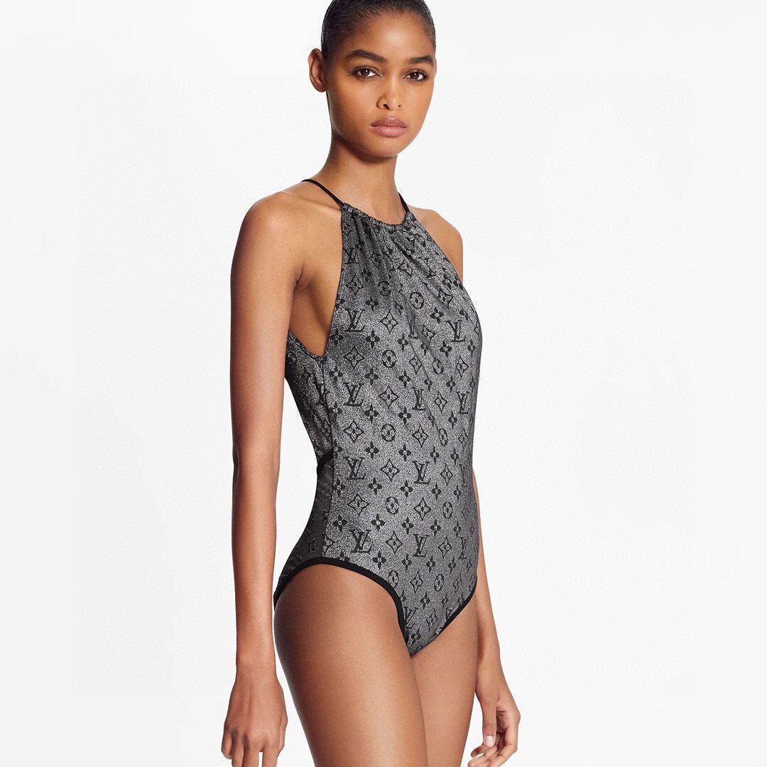 Louis Vuitton Women's Glittery Monogram Jersey One-Piece Swimsuit 1A8R8O Grey - luxibagsmall