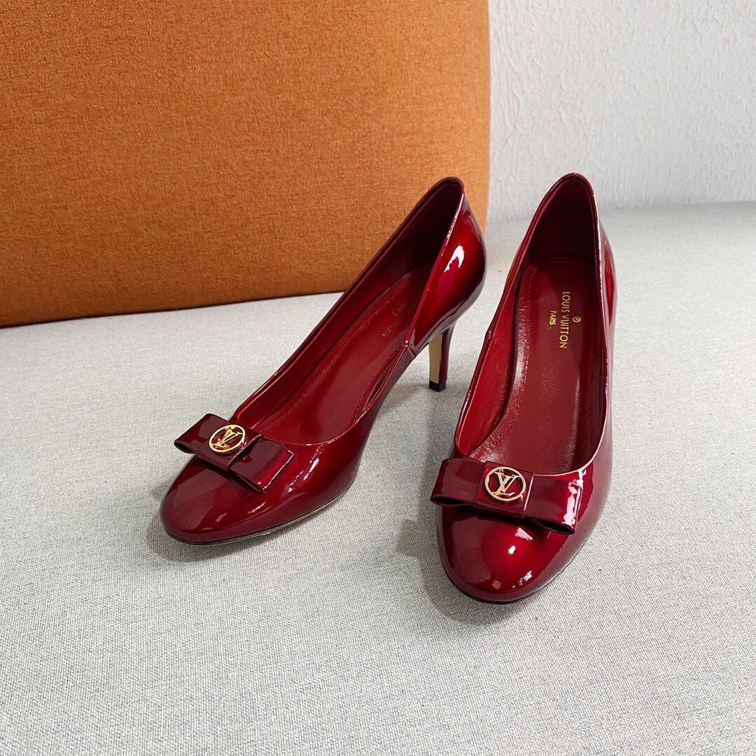 LV Loafers Designer Louis Vuitton Round Toe High Heels 81105 Wine Red - luxibagsmall