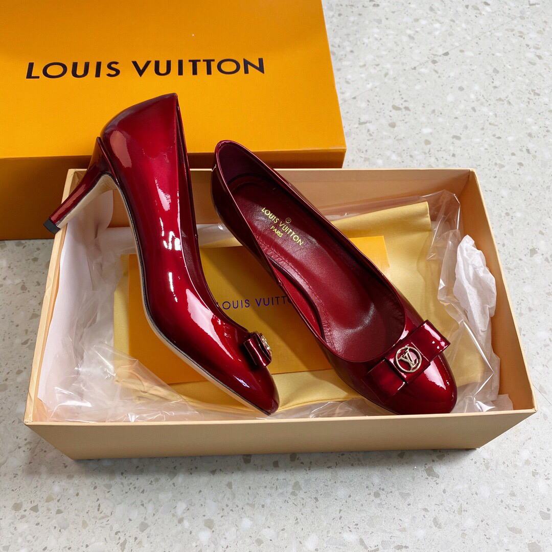 LV Loafers Designer Louis Vuitton Round Toe High Heels 81105 Wine Red - luxibagsmall