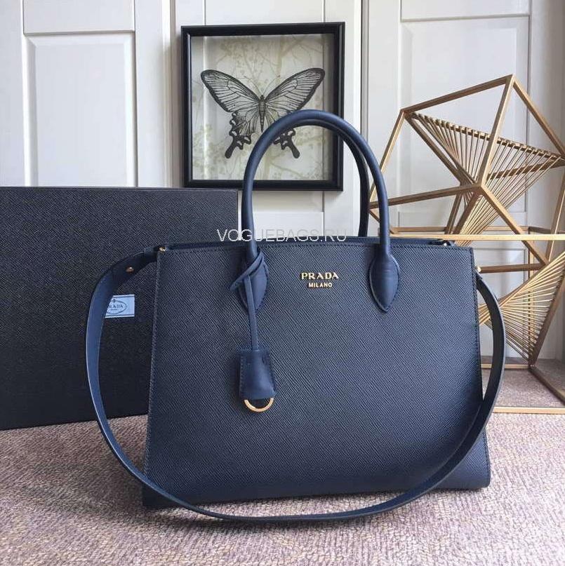 Prada 1BA153 Large Saffiano Leather Handbag In Navy Blue - luxibagsmall