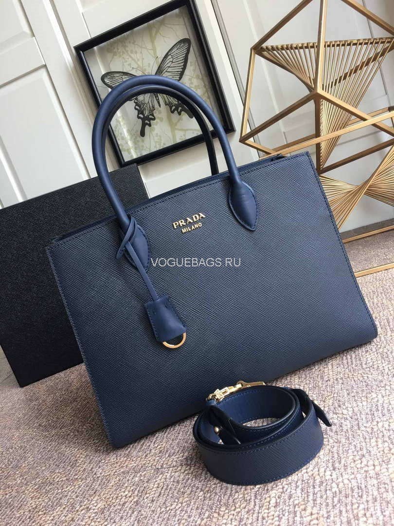 Prada 1BA153 Large Saffiano Leather Handbag In Navy Blue - luxibagsmall