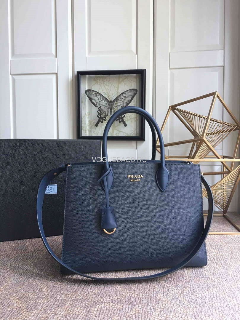 Prada 1BA153 Large Saffiano Leather Handbag In Navy Blue - luxibagsmall