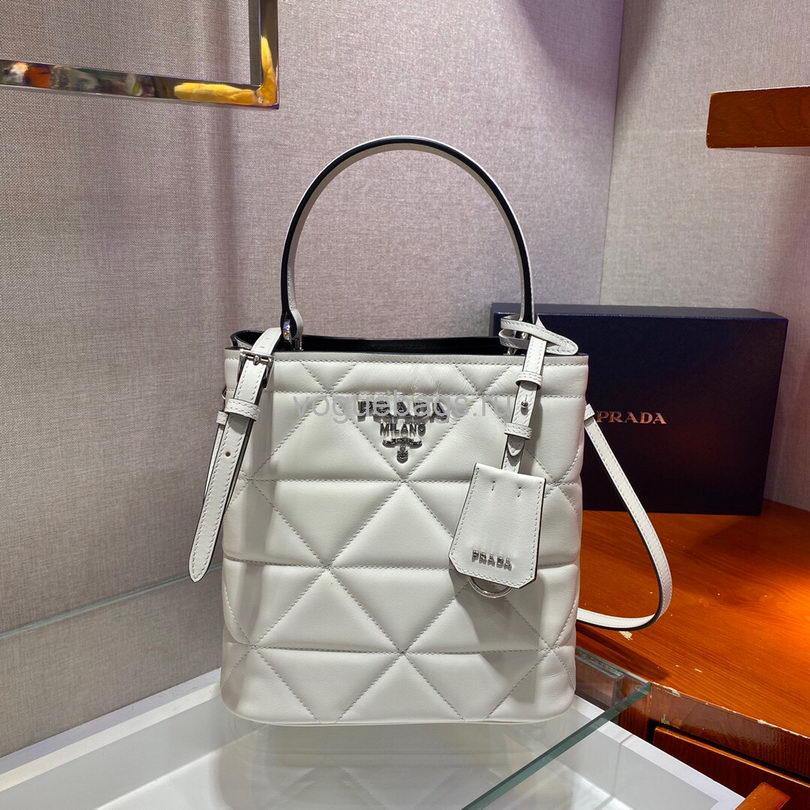 Prada 1BA212 Medium Saffiano Leather Prada Panier Bag in White - luxibagsmall