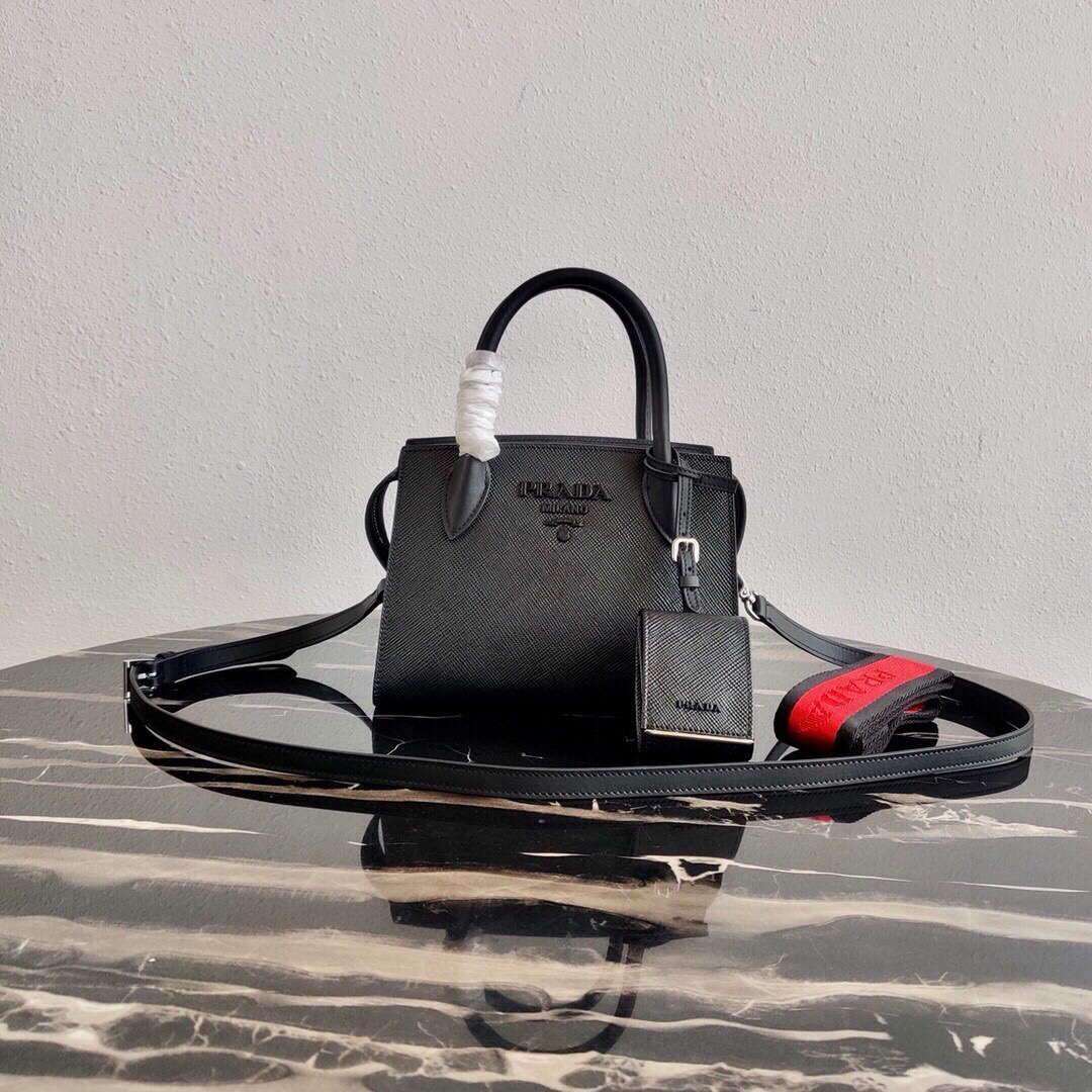 Prada 1BA269 Saffiano Leather Prada Monochrome Bag Black - luxibagsmall