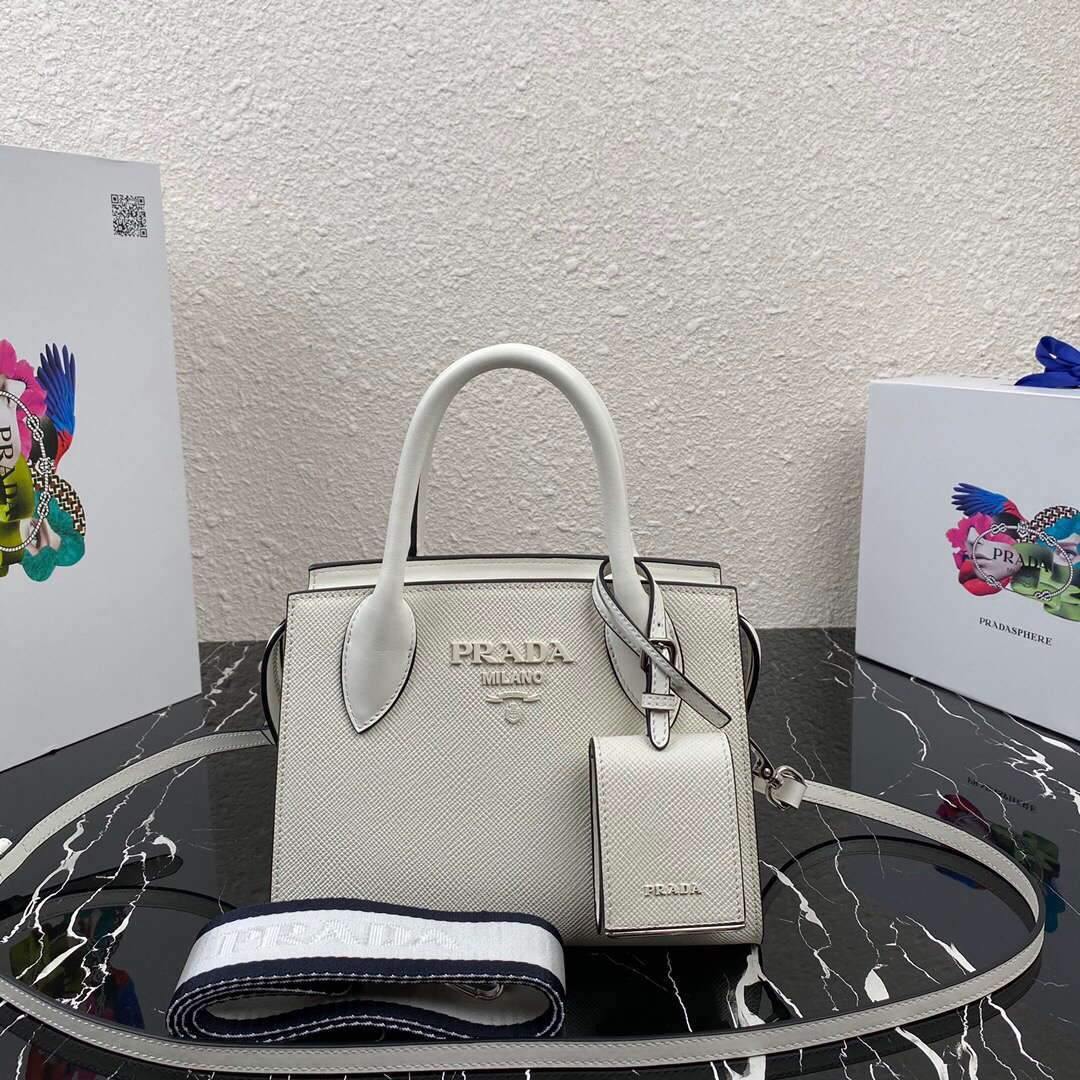 Prada 1BA269 Saffiano Leather Prada Monochrome Bag White - luxibagsmall