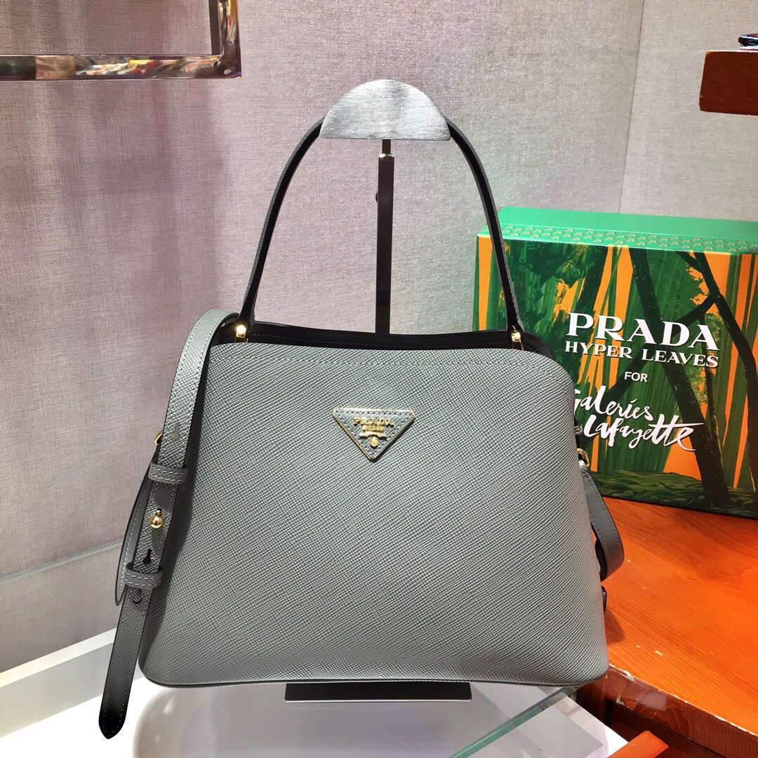 Prada 1BA282 Medium Saffiano Leather Prada Matinee Bag Gray - luxibagsmall