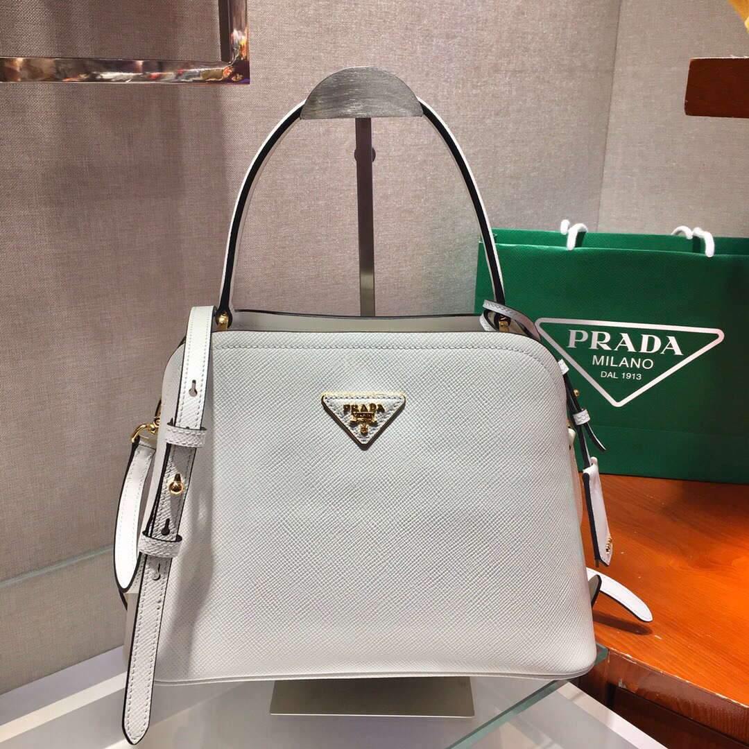 Prada 1BA282 Medium Saffiano Leather Prada Matinee Bag White - luxibagsmall