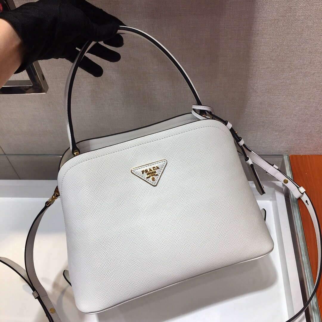 Prada 1BA282 Medium Saffiano Leather Prada Matinee Bag White - luxibagsmall