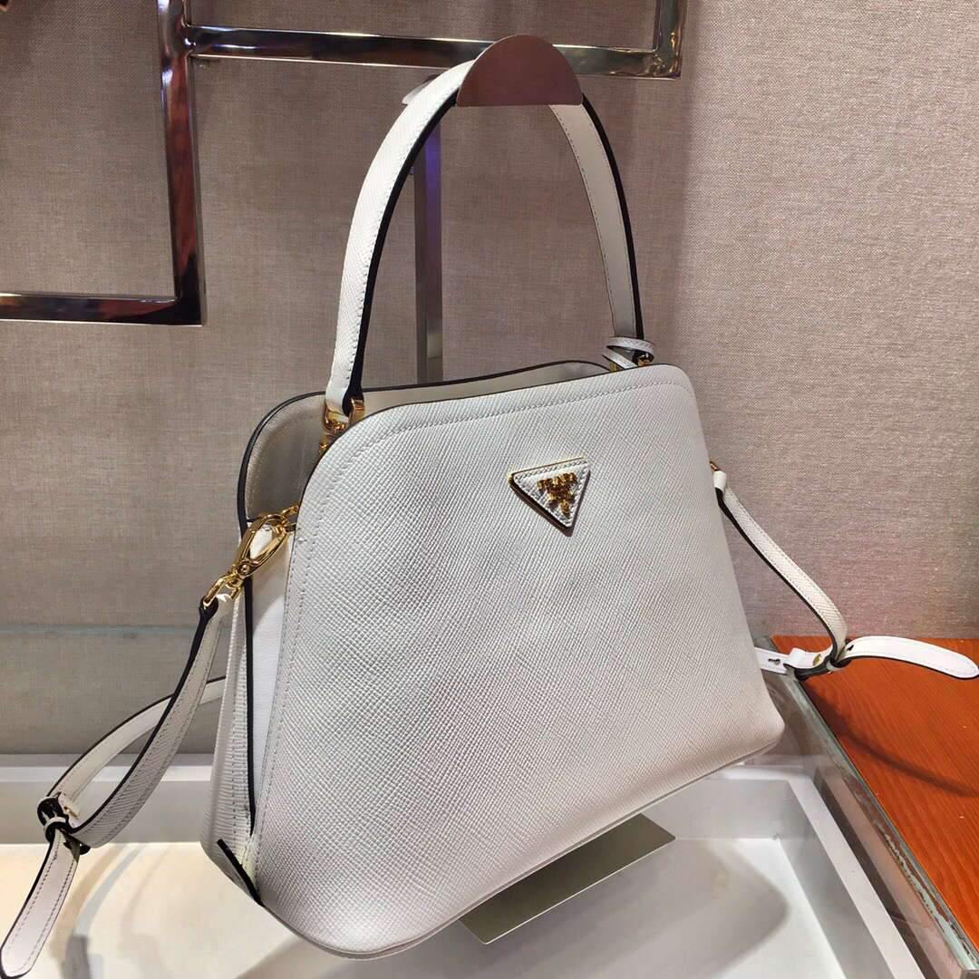 Prada 1BA282 Medium Saffiano Leather Prada Matinee Bag White - luxibagsmall