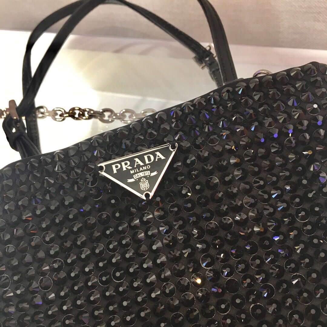 Prada 1N6608 Rhinestone chain Handbag Black - luxibagsmall