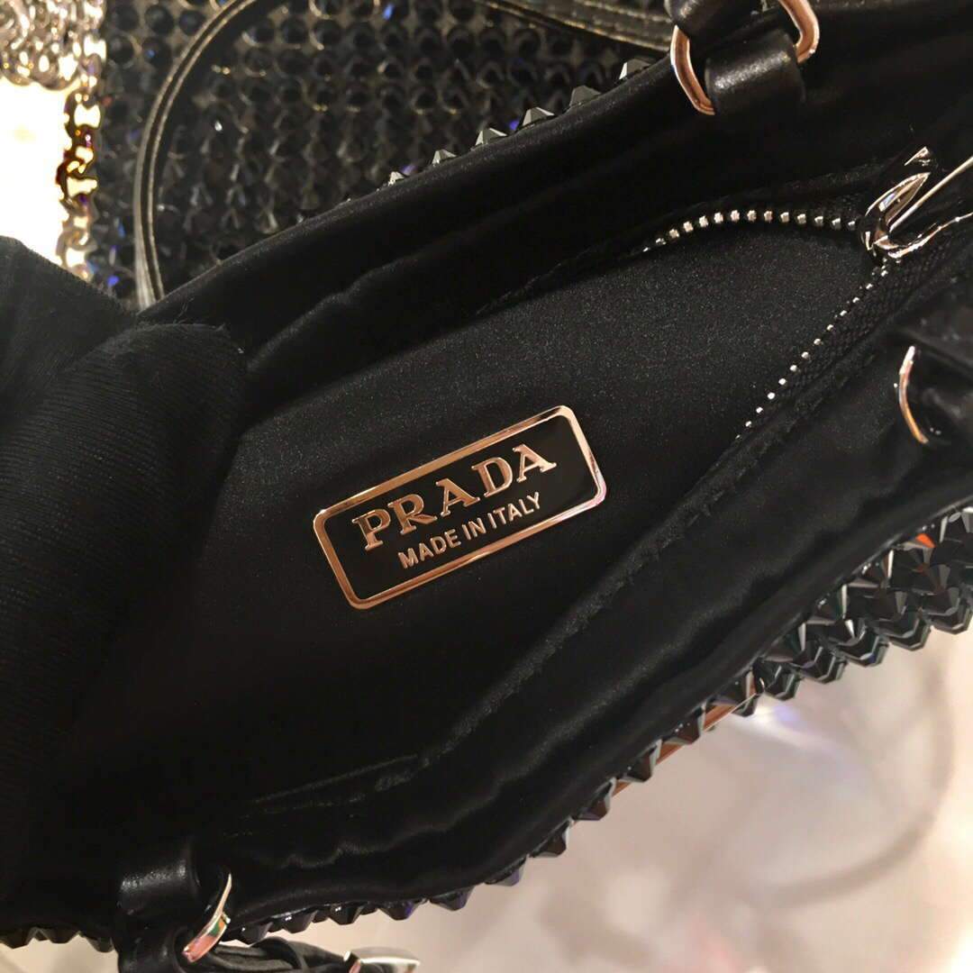 Prada 1N6608 Rhinestone chain Handbag Black - luxibagsmall